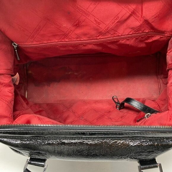 Longchamp Legende Bag Purse Black Patent Leather Pockets Dual Handle Zip Large - Picture 8 of 9